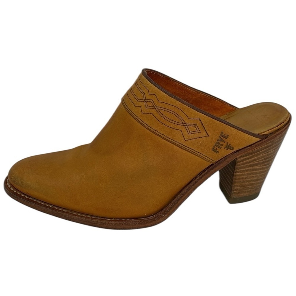 FRYE Mules Shoes Leather Slip On Western Embroidered Heels Size 7 - Picture 2 of 11